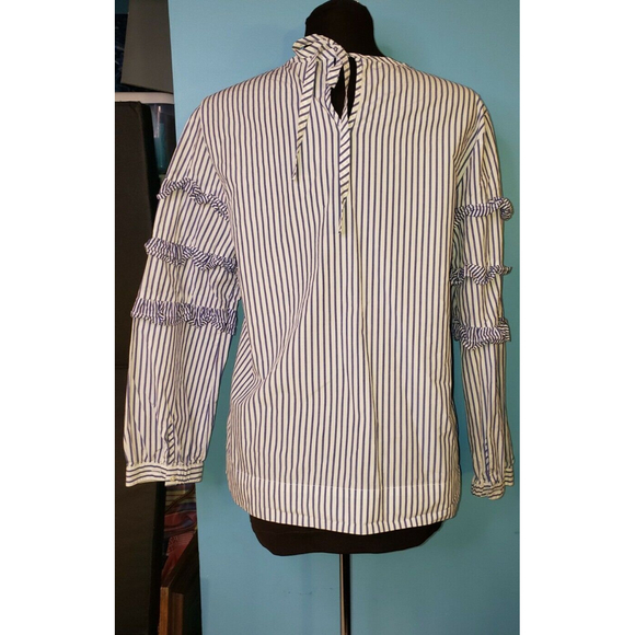 J CREW Blue Sz 8 TIERED TOP IN MIXED STRIPES Ruffle Blouse Style Prairie Cottage - Picture 3 of 12